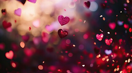 Poster - A blurred background of Valentine's Day-themed confetti, including hearts and red sparkles, perfect for romantic events.