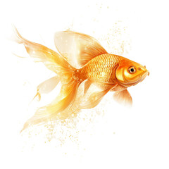 Poster - A stylized digital painting of a goldfish with flowing fins against a gold splash background.