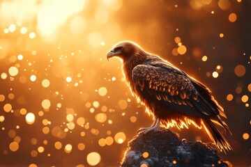 Aufkleber - A fantasy scene of a golden vulture with glowing feathers perched on a mystical cliff, surrounded by enchanted landscapes and ethereal light