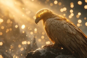 Aufkleber - A fantasy scene of a golden vulture with glowing feathers perched on a mystical cliff, surrounded by enchanted landscapes and ethereal light