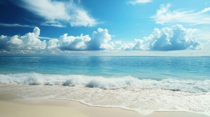 Poster - Serene ocean view with white sand beach and clear blue skies around noon. Generative AI