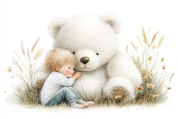 Aufkleber - A flat 2D illustration of a child hiding behind a large teddy bear, rendered in soft pastel colors on a white background