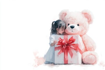 Aufkleber - A flat 2D illustration of a child hiding behind a large teddy bear, rendered in soft pastel colors on a white background