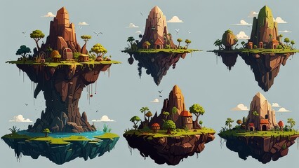 Wall Mural - Vector illustration set of floating islands game platforms 