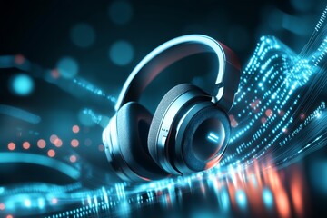 Poster - A flat design of a headset and microphone icon with abstract digital signal lines, symbolizing VoIP technology