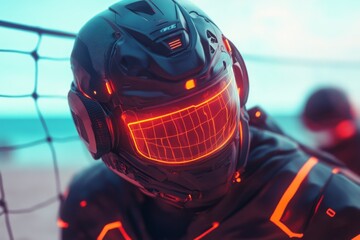 Aufkleber - A futuristic beach volleyball game with glowing nets, neon volleyballs, and players in high-tech gear, set against a holographic ocean view