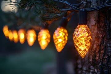 Wall Mural - Glowing string lights hanging on a pine tree at dusk