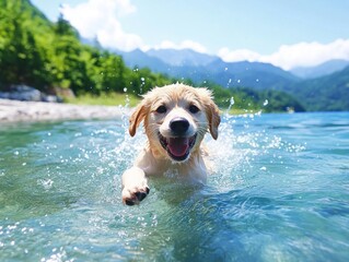 Wall Mural - playful dog splashing joyfully in the water, capturing its excitement and energy