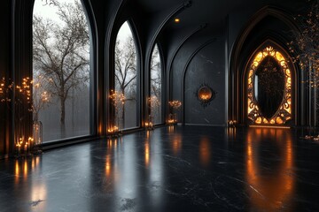 Poster - A gothic-style mansion rendered with dramatic V-Ray lighting, showing dark shadows, ornate textures, and glowing candlelit interiors