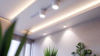 Poster - Track spotlights on a white stretch ceiling in a modern interior, creating a bright and functional lighting setup.