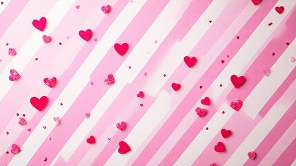 Poster - A pink and white striped background with a scattering of small heart-shaped designs, perfect for romantic Valentine's Day promotions.