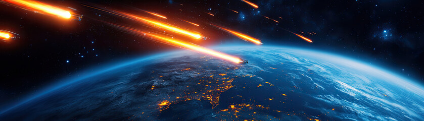 Wall Mural - a dramatic view of earth surrounded by multiple fiery meteors streaking through space, highlighting 
