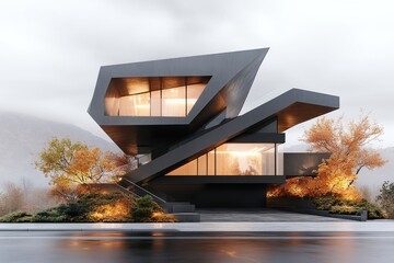 Fototapete - A minimalist architectural rendering of a modern house, with clean lines, soft lighting, and a muted color palette rendered in V-Ray