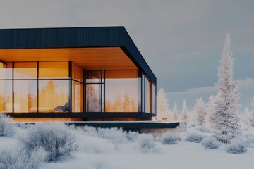 Fototapete - A minimalist architectural rendering of a modern house, with clean lines, soft lighting, and a muted color palette rendered in V-Ray