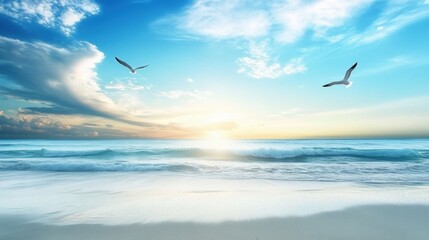 Poster - Calm ocean view at sunset with serene sky and birds flying in the distance. Generative AI