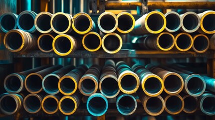 industrial array of stacked metal pipes for engineering and manufacturing applications in a warehous