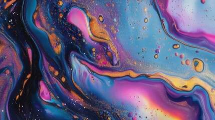Poster - Colorful Abstract Liquid Pattern with Vibrant Swirls and Dots in Bright Shades of Blue, Pink, Orange, and Purple for Artistic Projects