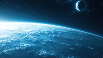 Poster - Expansive view of Earth from space with blue hues and distant celestial body in the background during twilight. Generative AI