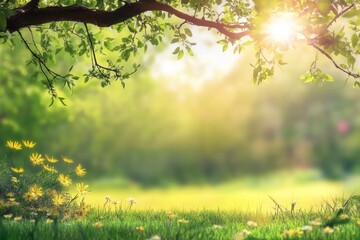 Aufkleber - Bright sun filtering through tree branches in a vibrant green meadow with wildflowers. Generative AI