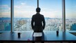 © 순단 강 - Back view of a person standing by a large window in a conference room with a city view looking out at the distant scenery