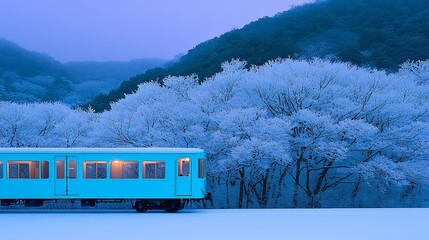 Wall Mural - Teal train in snowy winter landscape.