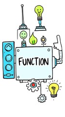 Poster - Illustration of programming functions with machine cogs and wheels stylized as doodles, representing code execution mechanics