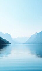 Aufkleber - Serene lake reflecting mountains under a clear blue sky with ample space for text and mock up design. Generative AI