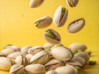 Flying in Air Fresh Raw Whole and Cracked Pistachios Isolated on Yellow Background - High Resolution Image.