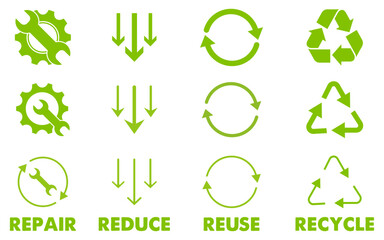 Poster - recycle reduce reuse repair icon set triangle circle arrow green sign symbol rotation eco friendly s