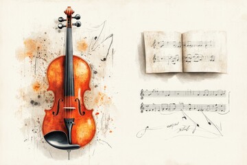 Aufkleber - A vintage-style poster of a violin concert, featuring bold typography, muted sepia tones, and an ornate frame design