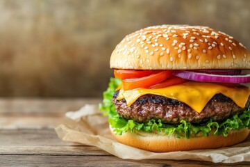 Poster - Juicy cheeseburger with fresh toppings and sesame seed bun on wooden table ready for serving. Generative AI