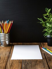 Poster - Blank workspace with colored pencils and a plant for creative projects and ideas. Generative AI