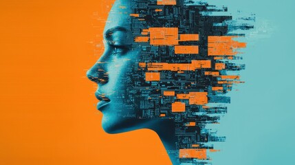 Poster - A stylized digital portrait of a woman's profile, blending vibrant orange and blue tones with abstract, fragmented elements, symbolizing technology and identity.