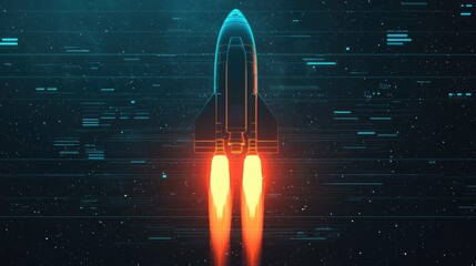 Poster - A futuristic rocket launches against a digital backdrop, with glowing engines and streaks of light, symbolizing space exploration and advanced technology.