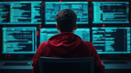 Poster - A person in a red hoodie sits before multiple monitors displaying code and data, immersed in a digital environment.