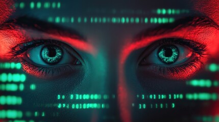 Poster - A close-up of a person's eyes surrounded by glowing digital code, creating a cyberpunk aesthetic with vibrant colors and a mysterious vibe.