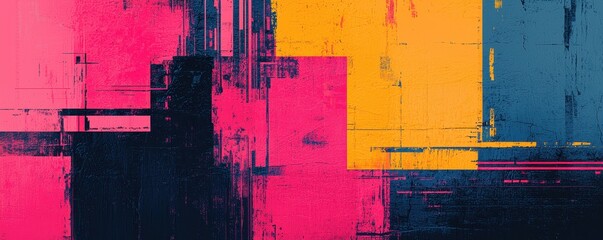 Poster - A vibrant abstract artwork featuring bold pink, yellow, and blue colors with textured brush strokes and geometric shapes.