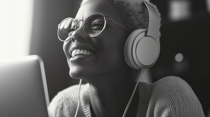 middle aged woman with wireless headphones works sitting at laptop