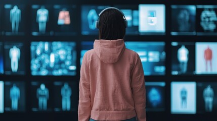 Poster - A person wearing a hoodie observes a digital display showing various figures, suggesting themes of technology, fashion, and data exploration.
