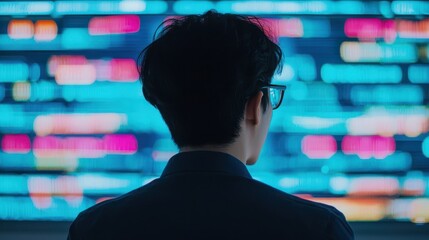 Poster - A person in glasses gazes at a vibrant digital display filled with colorful data, immersed in analysis or technology.
