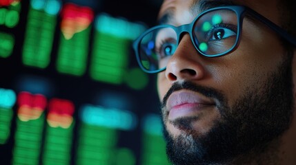 Poster - A focused individual analyzes data on a digital screen, showcasing investment trends with vibrant colors and a thoughtful expression.