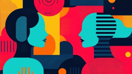 Poster - A vibrant digital illustration of two abstract female profiles, featuring bold colors and geometric patterns, symbolizing conversation and connection.