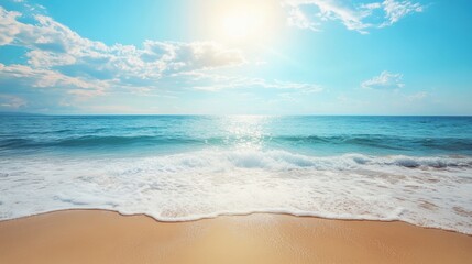 Aufkleber - Clear blue ocean waves meeting soft sandy beach under bright sun with ample space for text placement. Generative AI