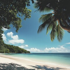 Aufkleber - Serene tropical beach with lush palm trees and clear blue sea that invites relaxation and calmness. Generative AI