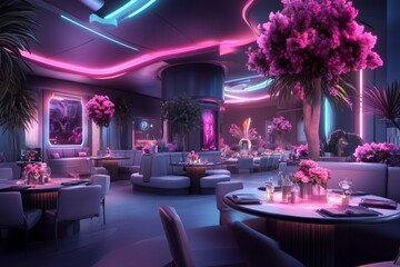 A vibrant digital illustration of a wedding reception, with tables arranged in perfect symmetry, elegant centerpieces, and a glowing dance floor