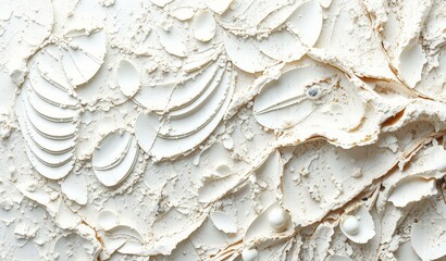 Close up of textured surface with repeating pattern of small, irregularly shaped objects on a white background