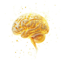 Poster - A 3D rendering of a human brain depicted in gold liquid with splashes and bright glowing neural pathways.