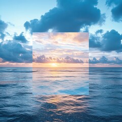 Leinwandbilder - Serene sunset over the ocean reveals a tranquil scene with soft clouds and reflective water in a square frame. Generative AI