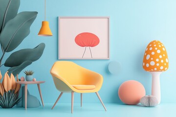 Poster - A 2D flat illustration of a minimalist living room with simple furniture pieces, soft pastel tones, and clean white walls