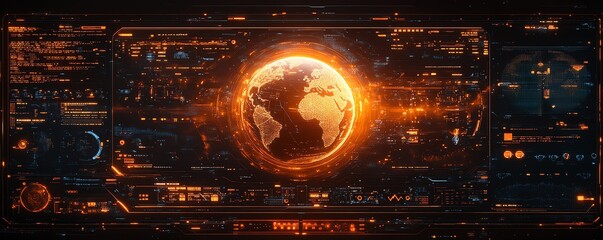 Poster - Digital interface displaying a glowing globe with advanced holographic graphics and orange highlights, modern hightech design